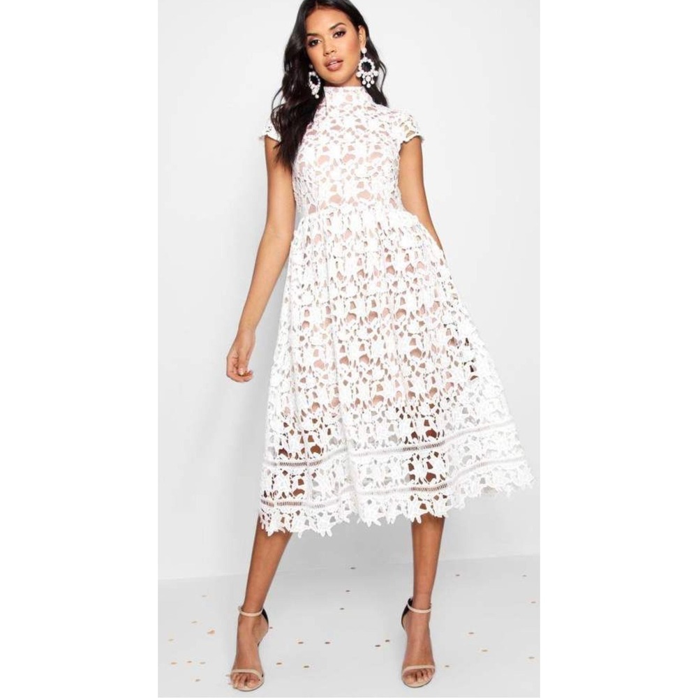 Boohoo Boutique White Lace Mock Neck Midi Dress, Women's Size 4 - Picture 1 of 6